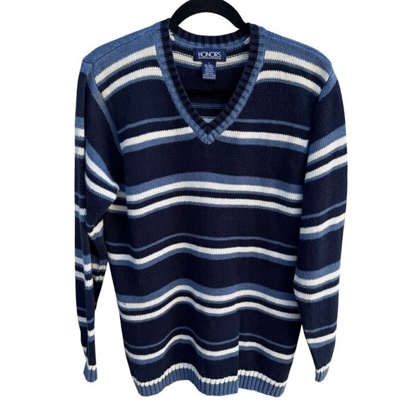 Honors Vintage Mens Striped V-Neck Blue Mens Long Sleeve Knit Grandpa Sweater L - Picture 1 of 9